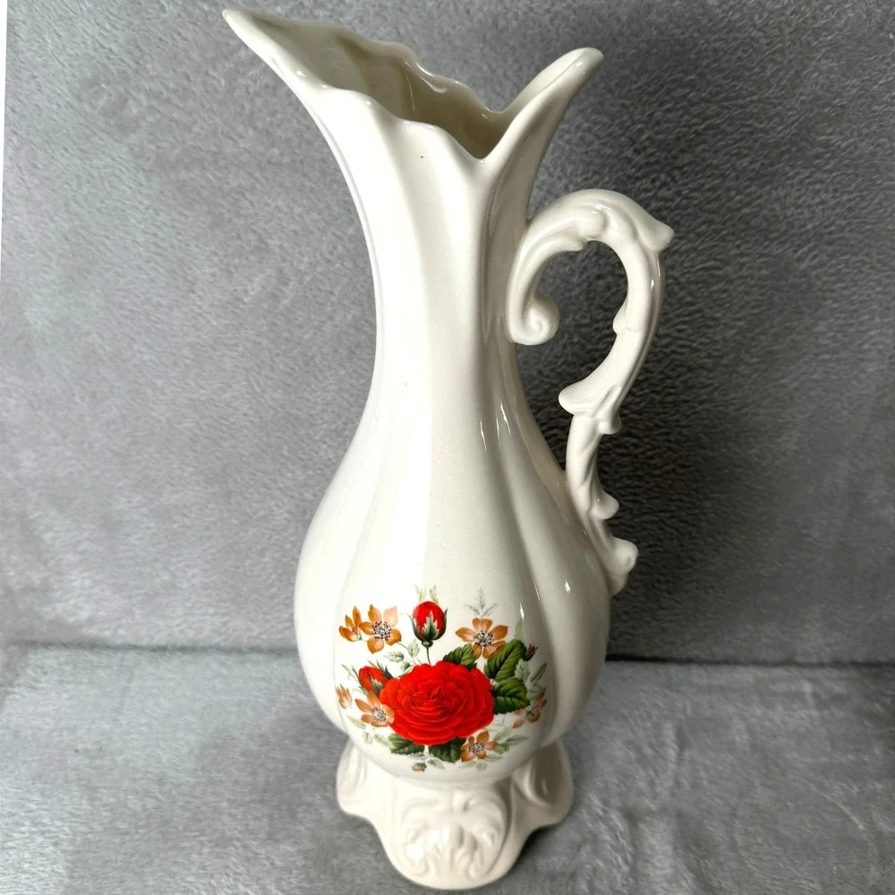 Vintage White Ceramic Rose Floral Pitcher Vase Ornate Handle Scalloped Cottage